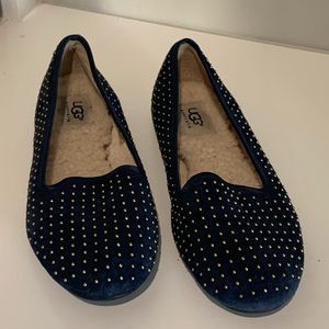 UGG Alloway Blue Suede Sheepskin Gold Stud Flats Size 6.5